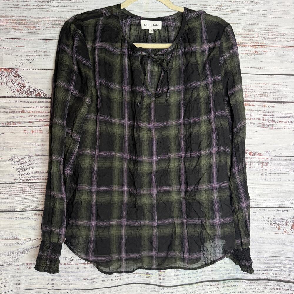Bella Dahl Womens M Plaid Tencel Blouse Black Green Tie Neck Long Sleeve Top